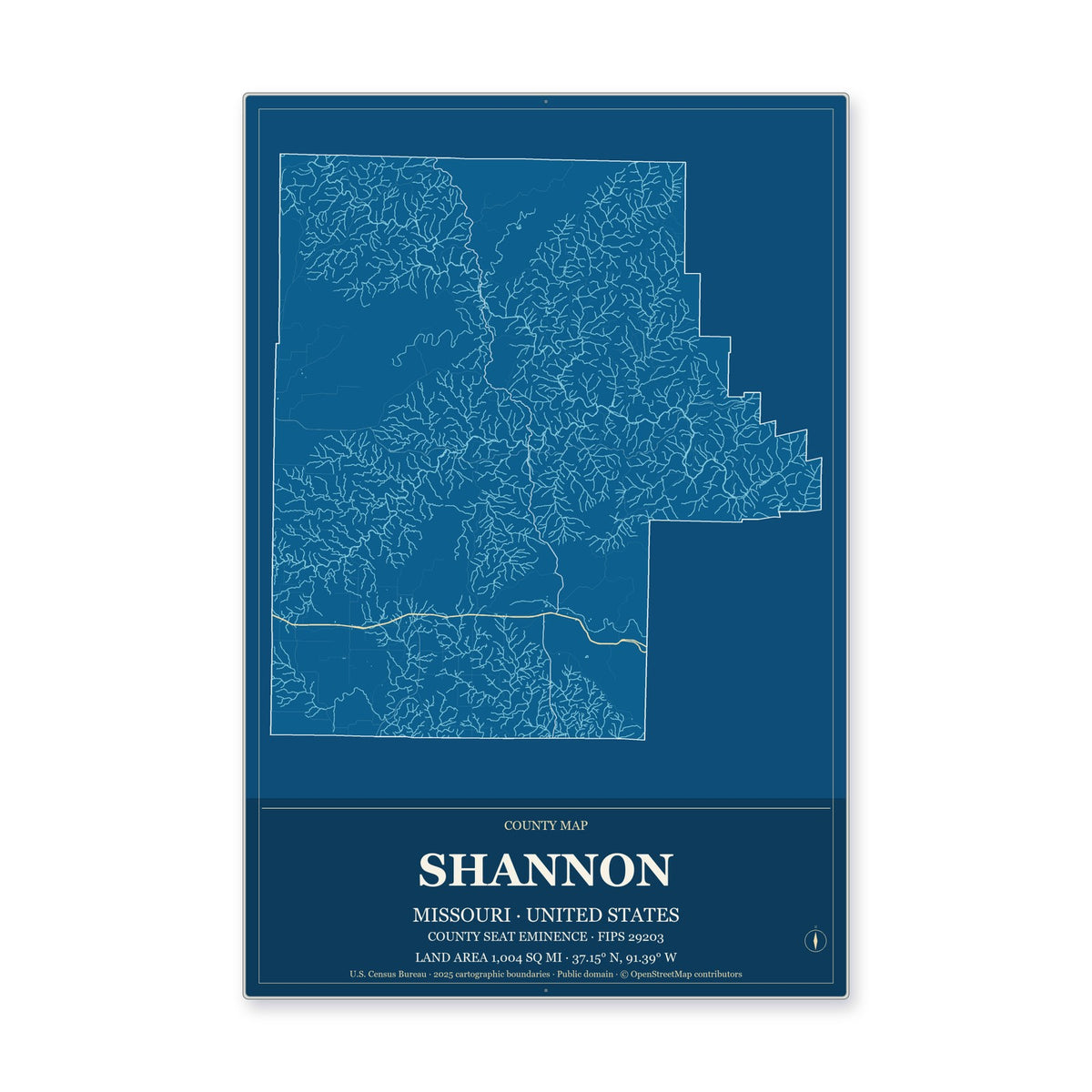 Shannon County, Missouri Map Aluminum Sign in Harbor Cobalt style