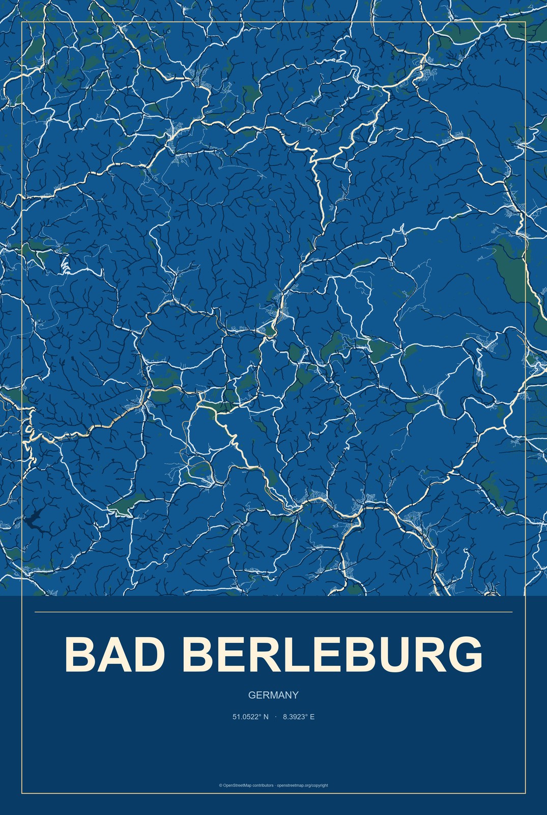 Bad Berleburg, Germany City Map Aluminum Sign in Harbor Cobalt style