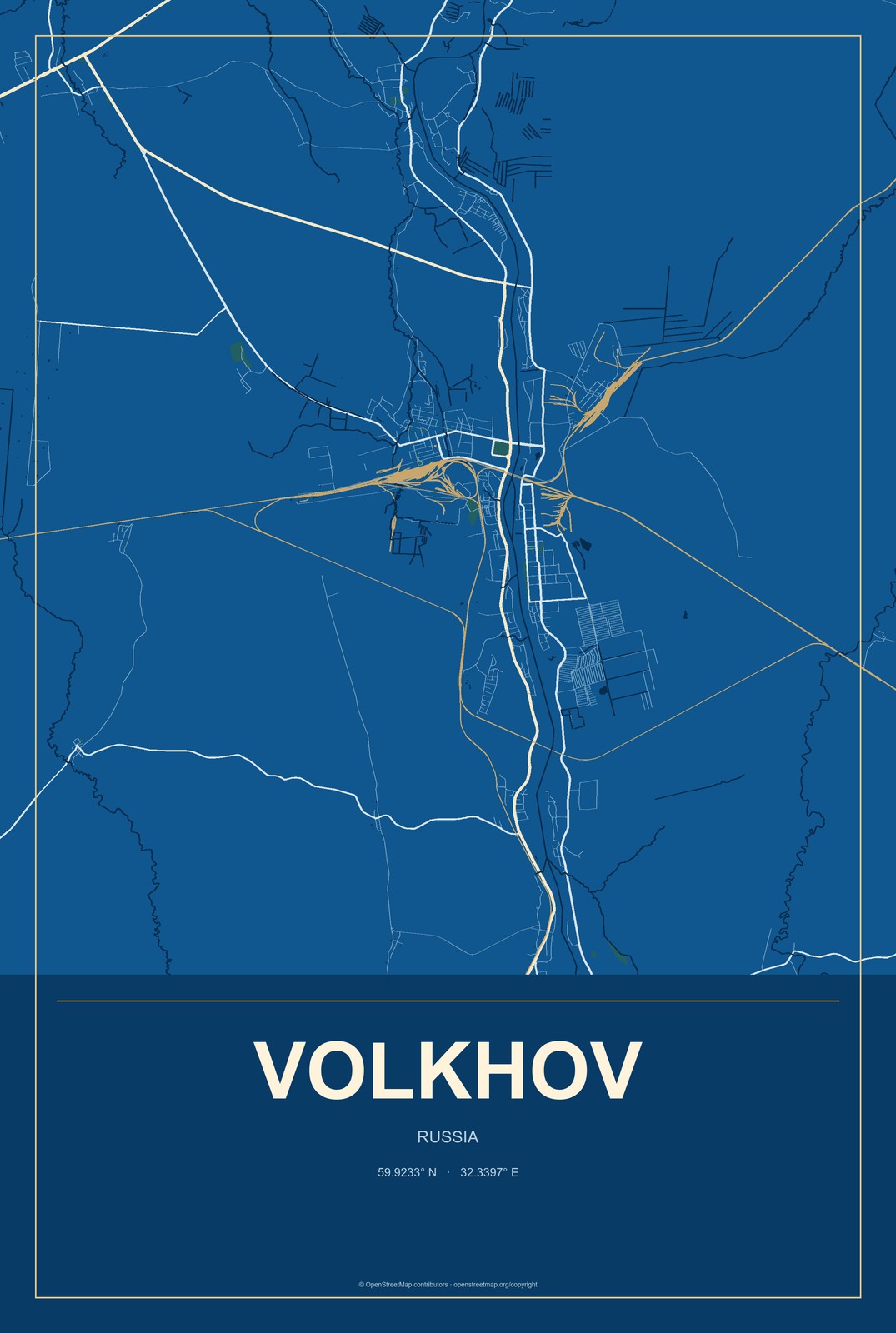Volkhov, Russia City Map Aluminum Sign in Harbor Cobalt style