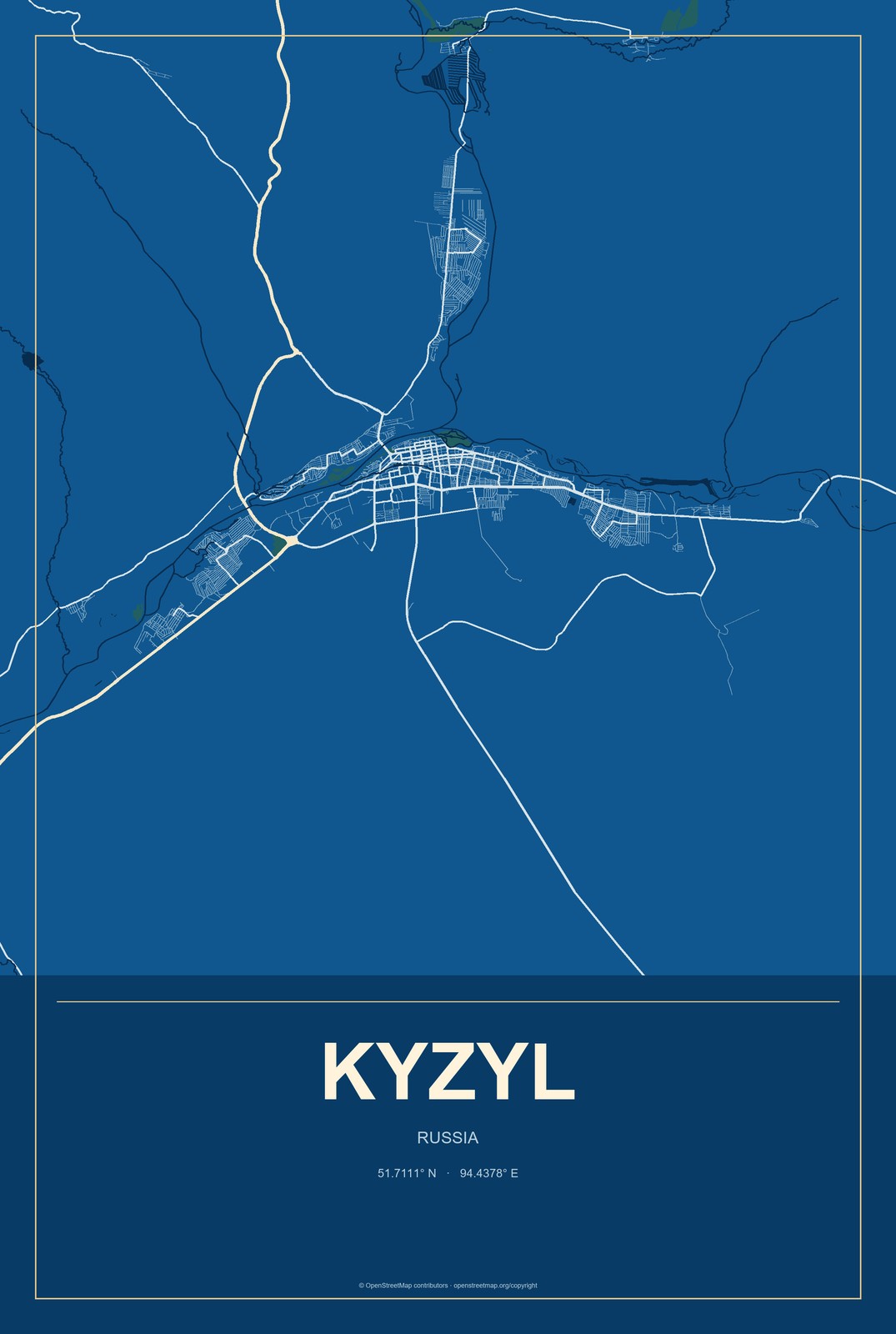 Kyzyl, Russia City Map Aluminum Sign in Harbor Cobalt style