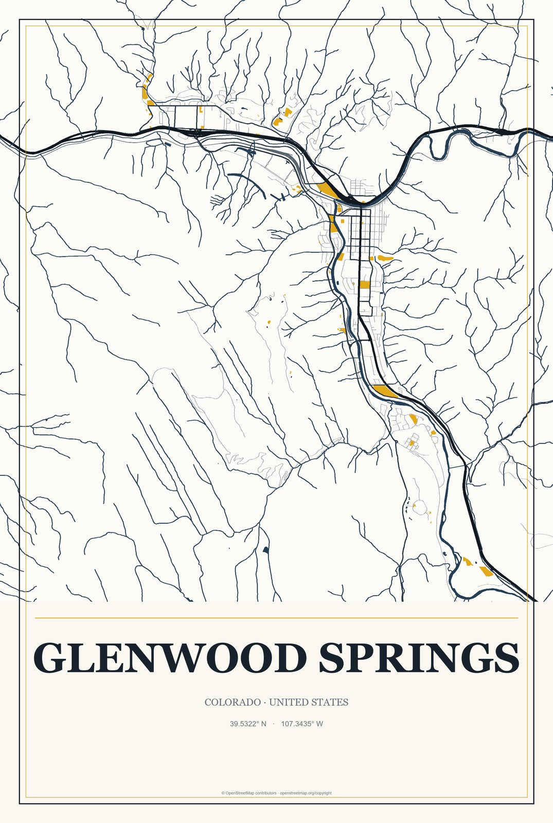 Glenwood Springs, Colorado City Map Aluminum Sign in Citrine Modern style