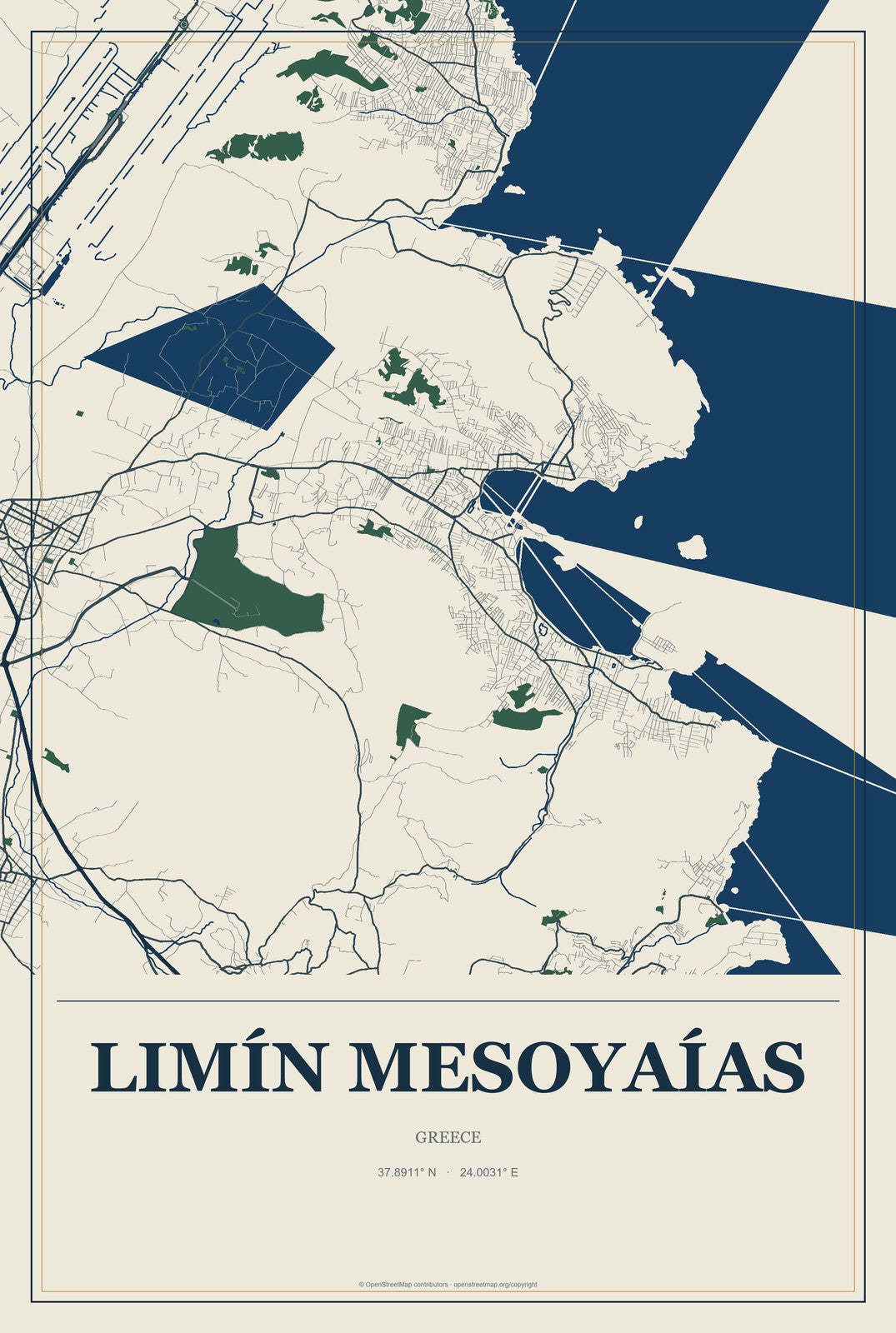 Limín Mesoyaías, Greece City Map Aluminum Sign in Coastal Cutout style