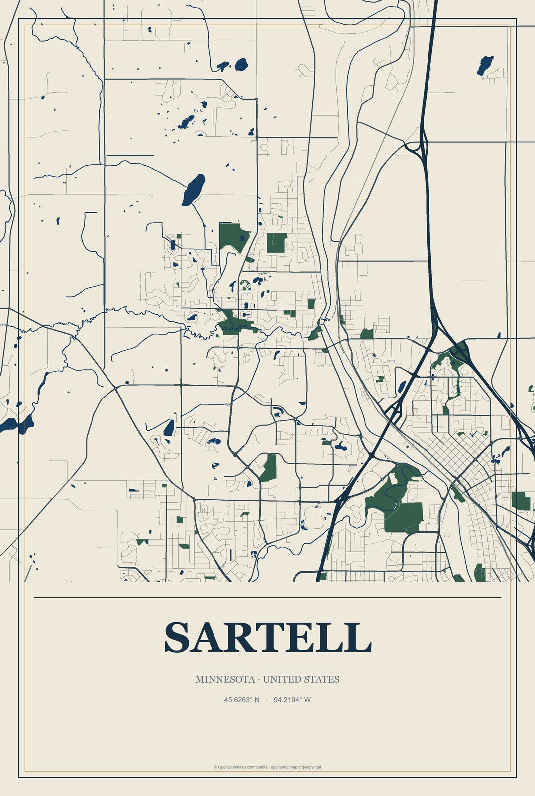 Sartell, Minnesota City Map Aluminum Sign in Coastal Cutout style