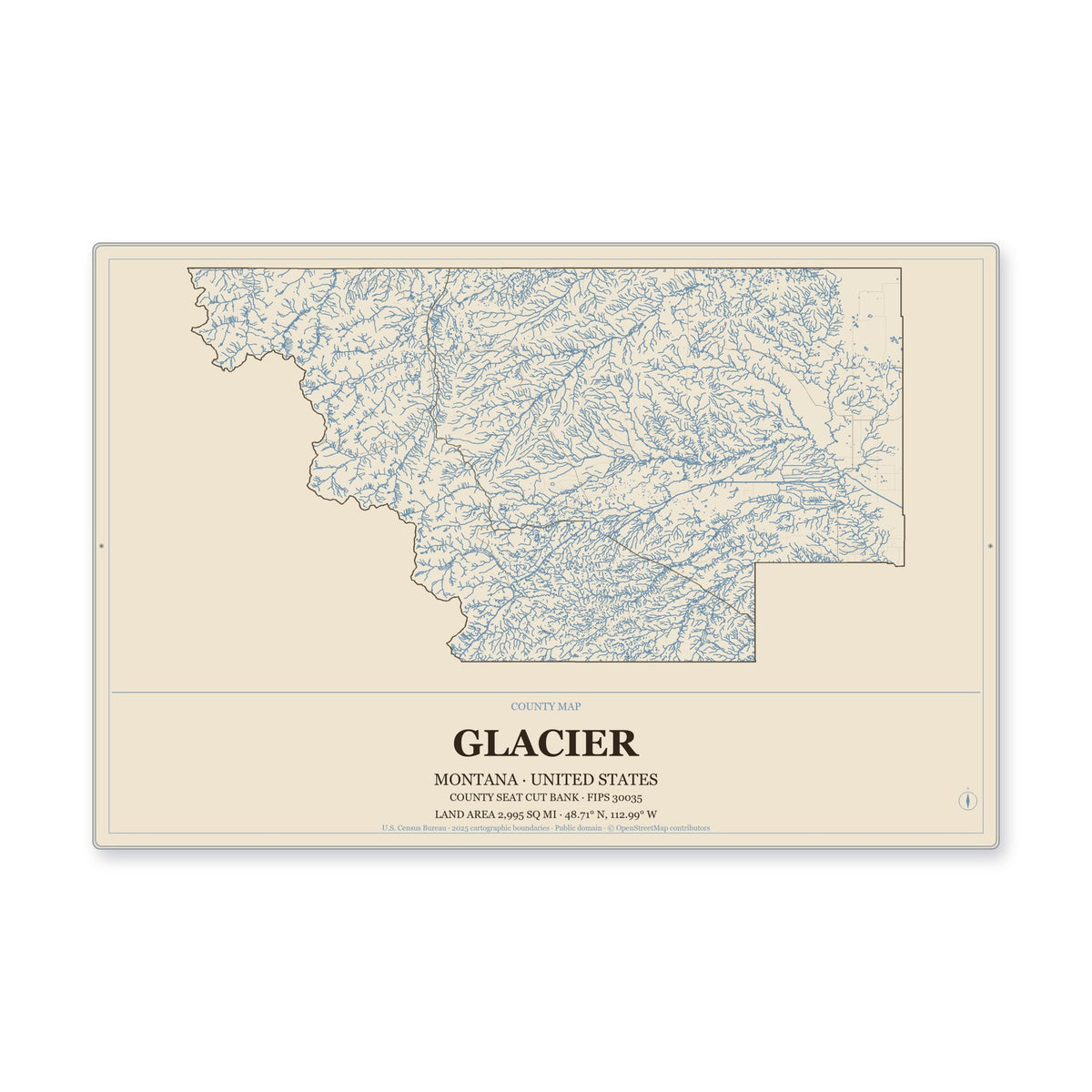 Glacier County, Montana Map Aluminum Sign in Heritage Nautical style