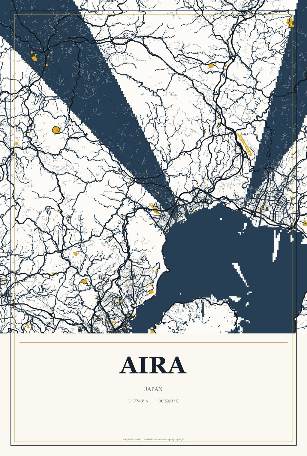 Aira, Japan City Map Aluminum Sign in Citrine Modern style