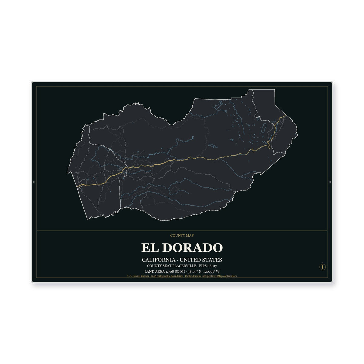 El Dorado County, California Map Aluminum Sign in Metropolitan Noir style