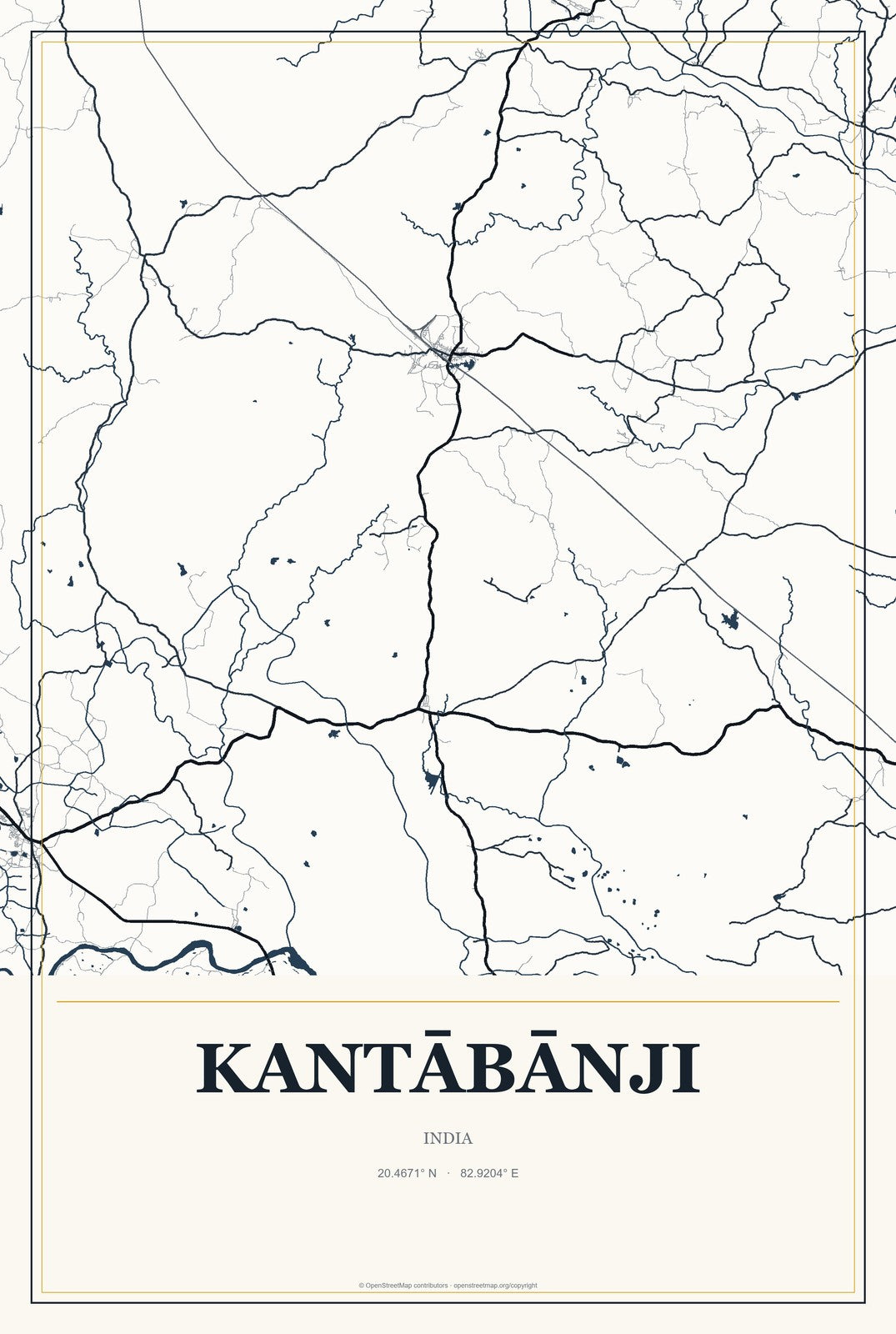 Kantābānji, India City Map Aluminum Sign in Citrine Modern style