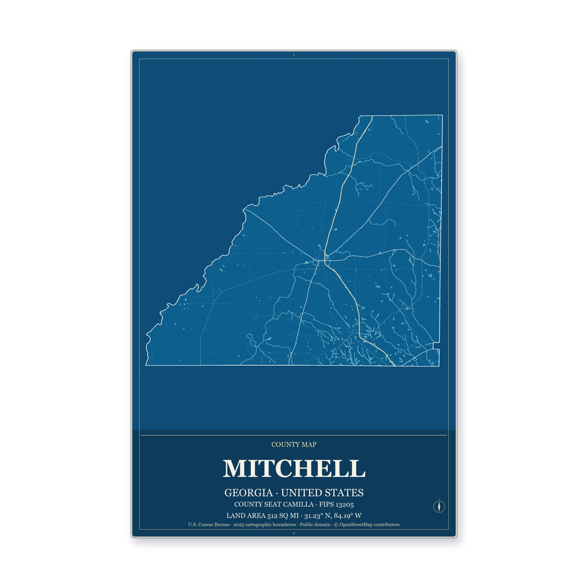 Mitchell County, Georgia Map Aluminum Sign in Harbor Cobalt style