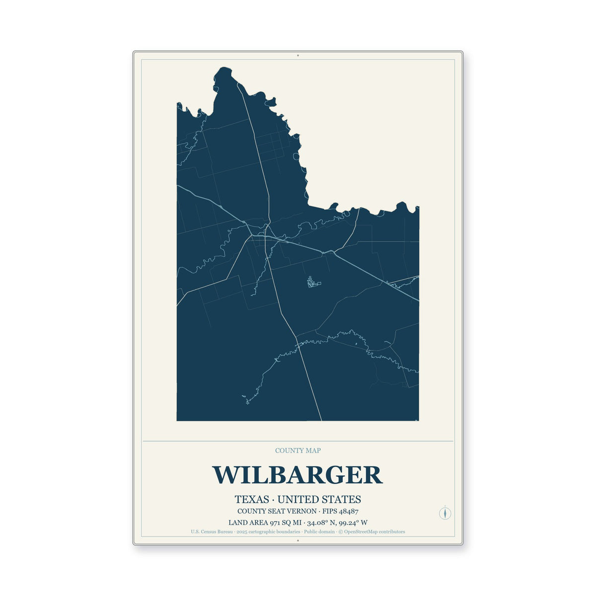 Wilbarger County, Texas Map Aluminum Sign in Coastal Cutout style