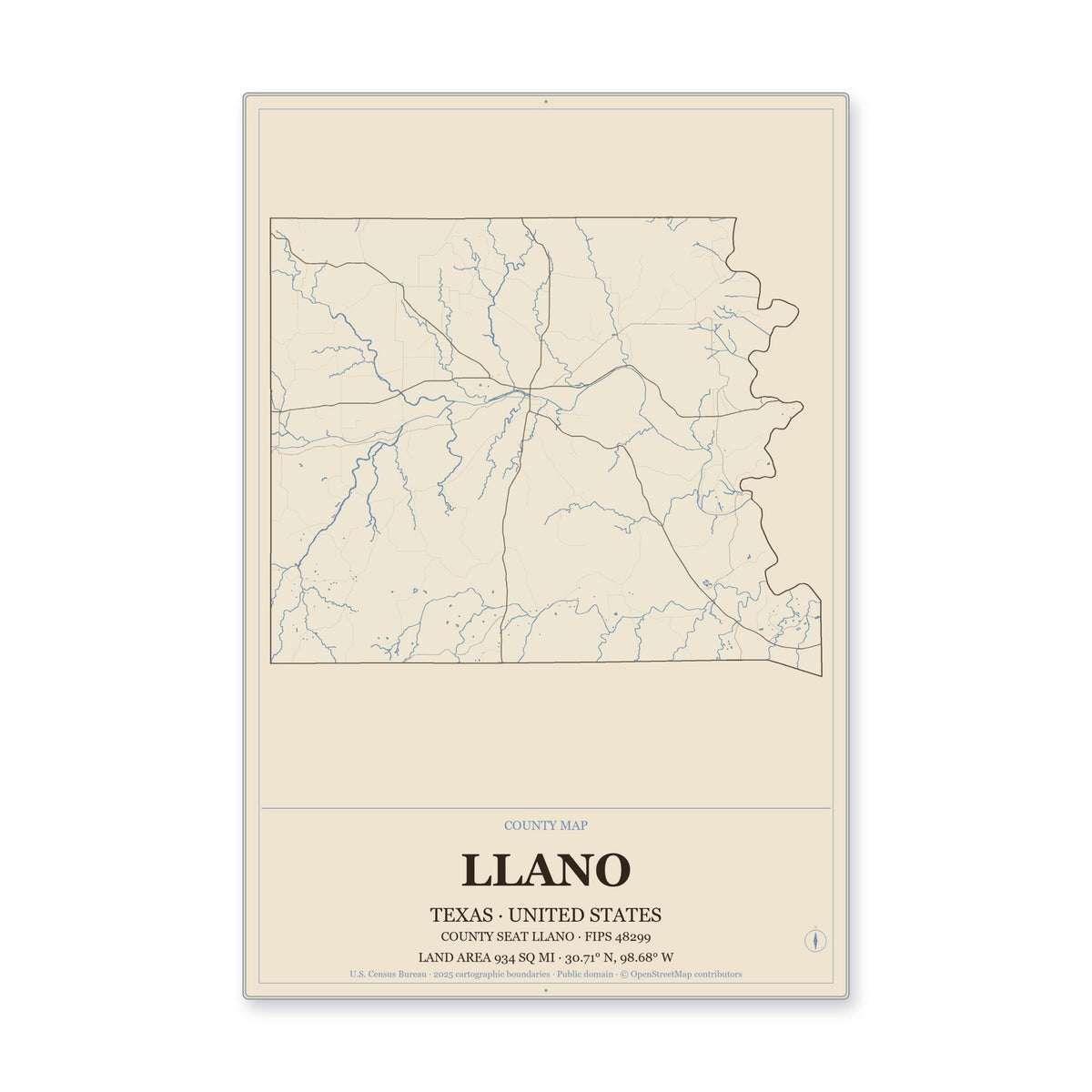 Llano County, Texas Map Aluminum Sign in Heritage Nautical style