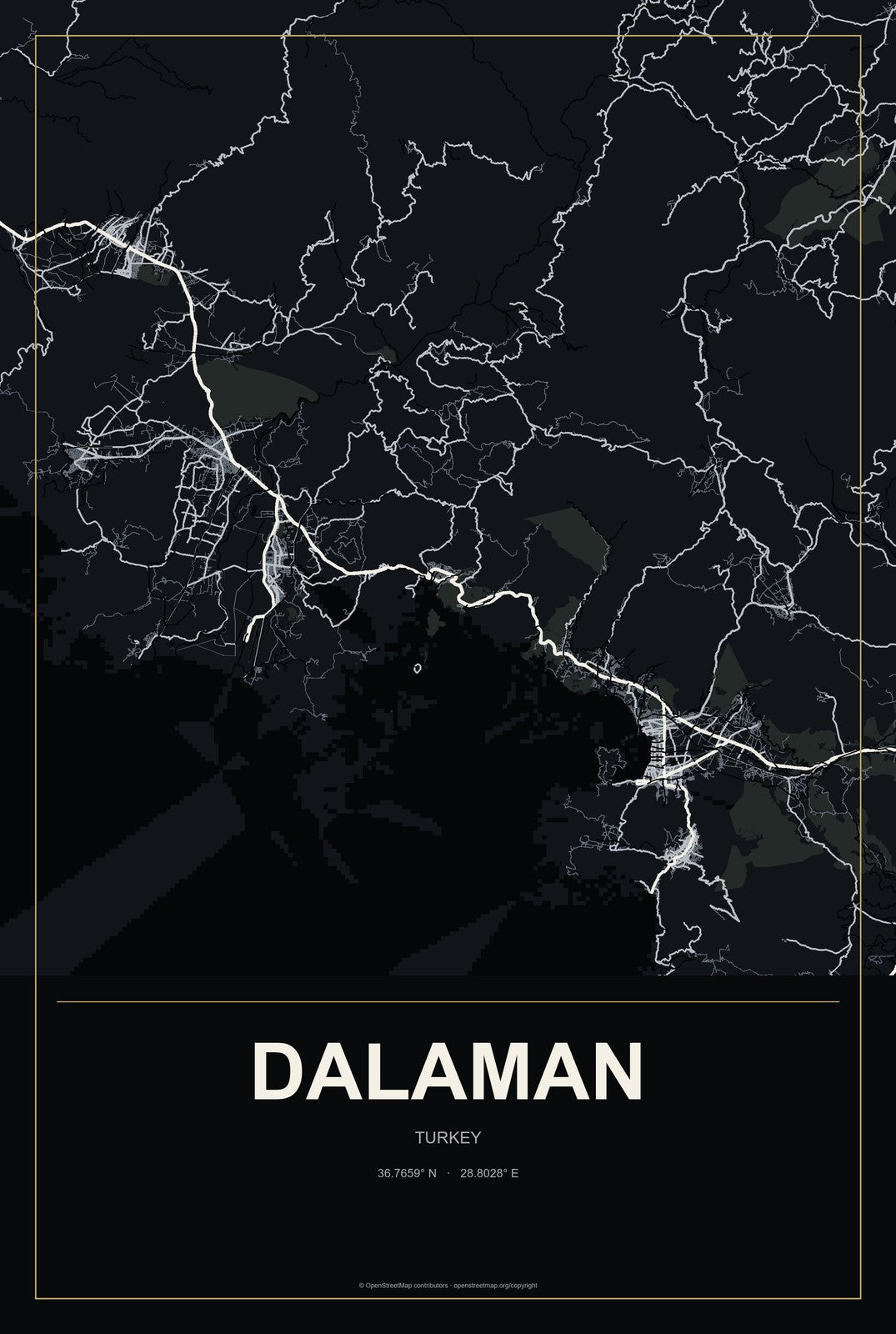 Dalaman, Turkey City Map Aluminum Sign in Metropolitan Noir style