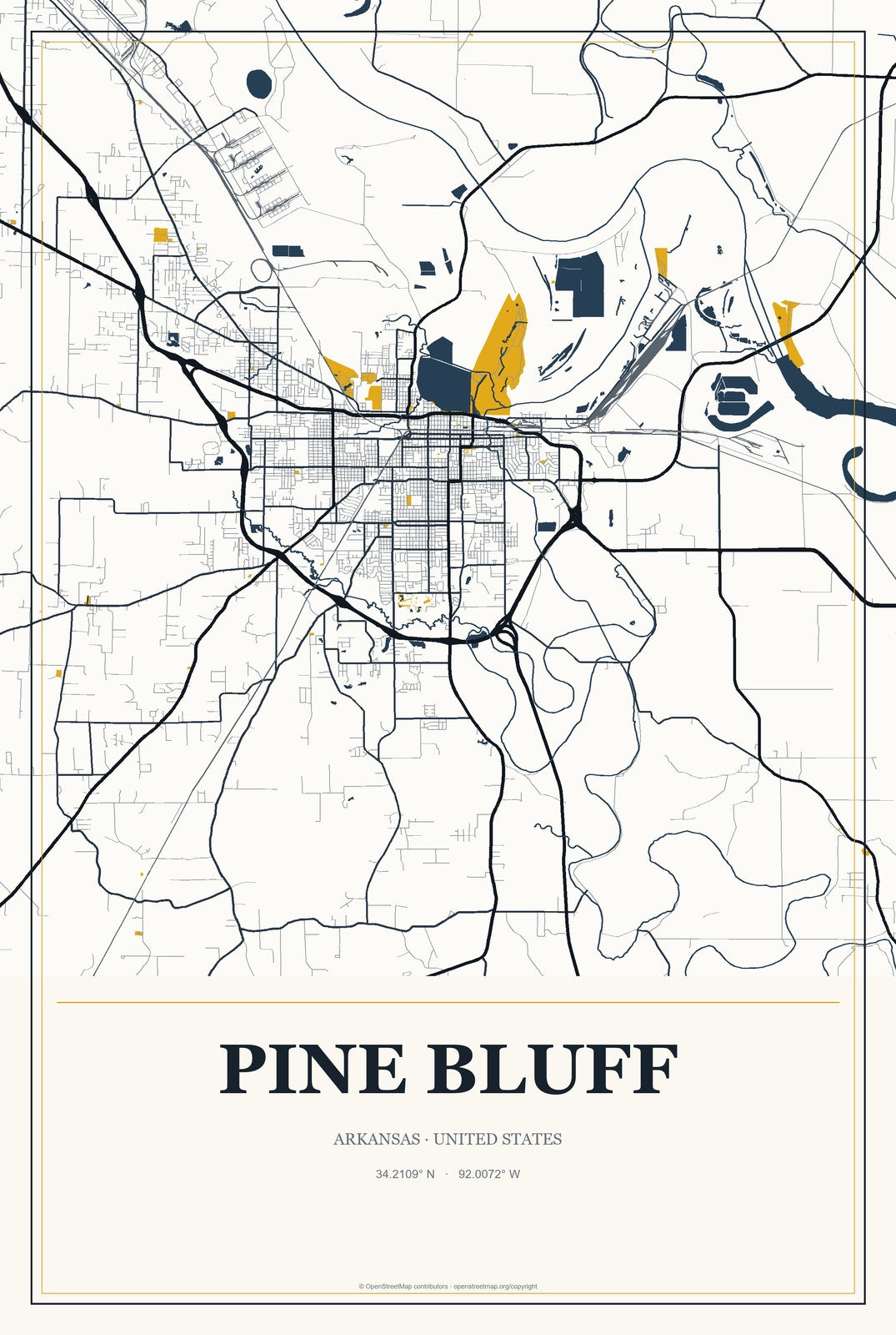 Pine Bluff, Arkansas City Map Aluminum Sign in Citrine Modern style