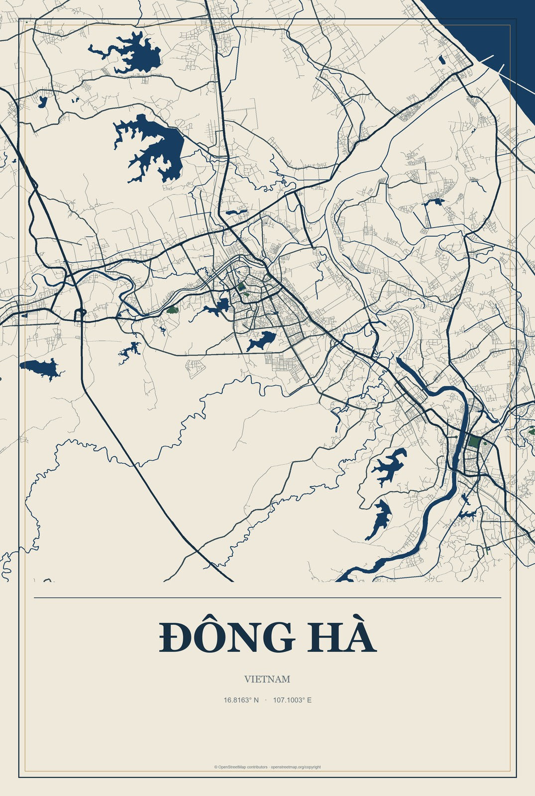 Ðông Hà, Vietnam City Map Aluminum Sign in Coastal Cutout style