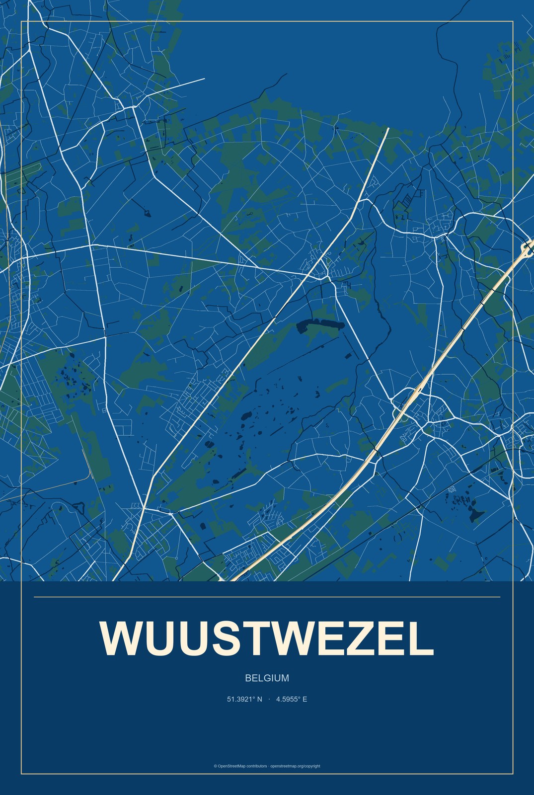 Wuustwezel, Belgium City Map Aluminum Sign in Harbor Cobalt style