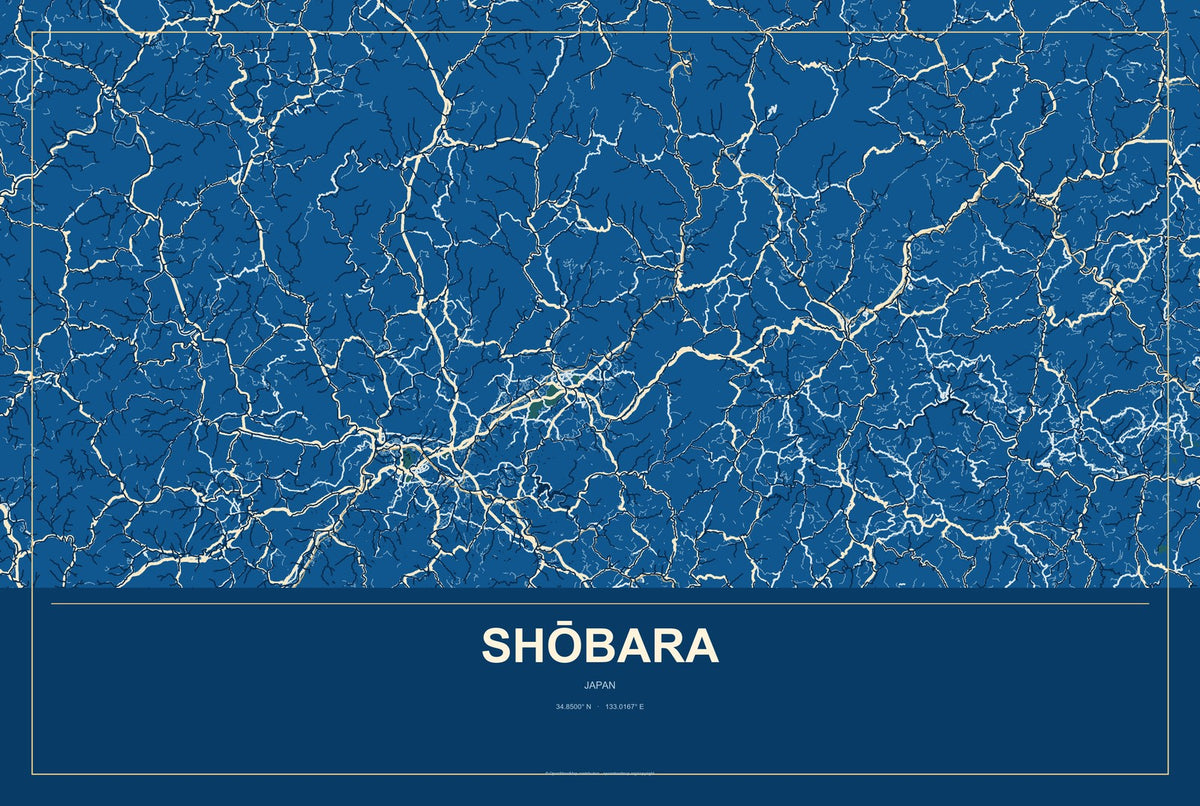 Shōbara, Japan City Map Aluminum Sign in Harbor Cobalt style