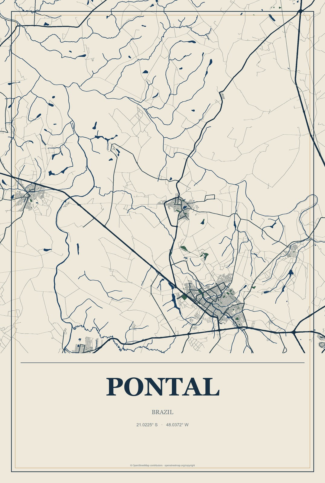 Pontal, Brazil City Map Aluminum Sign in Coastal Cutout style