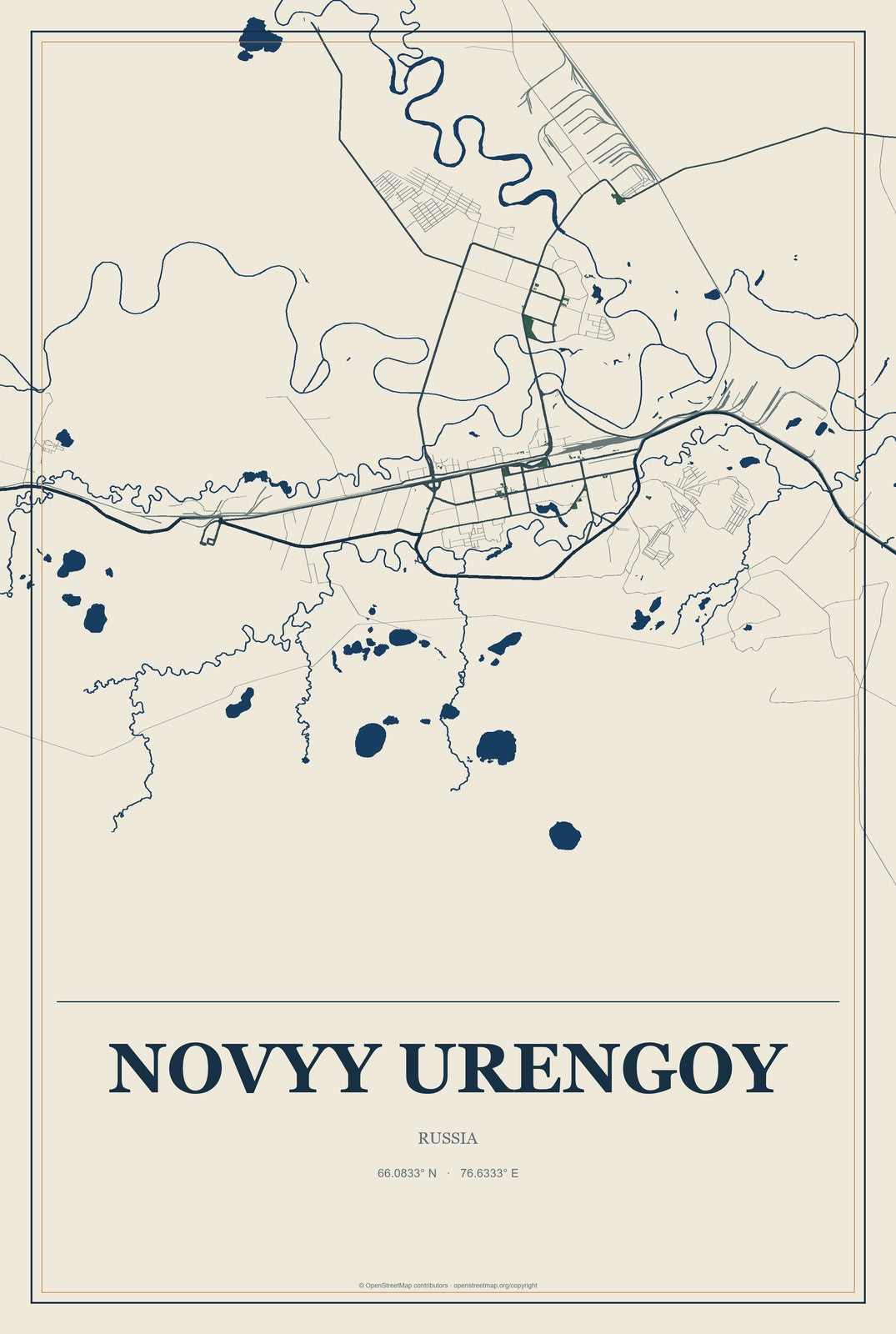 Novyy Urengoy, Russia City Map Aluminum Sign in Coastal Cutout style
