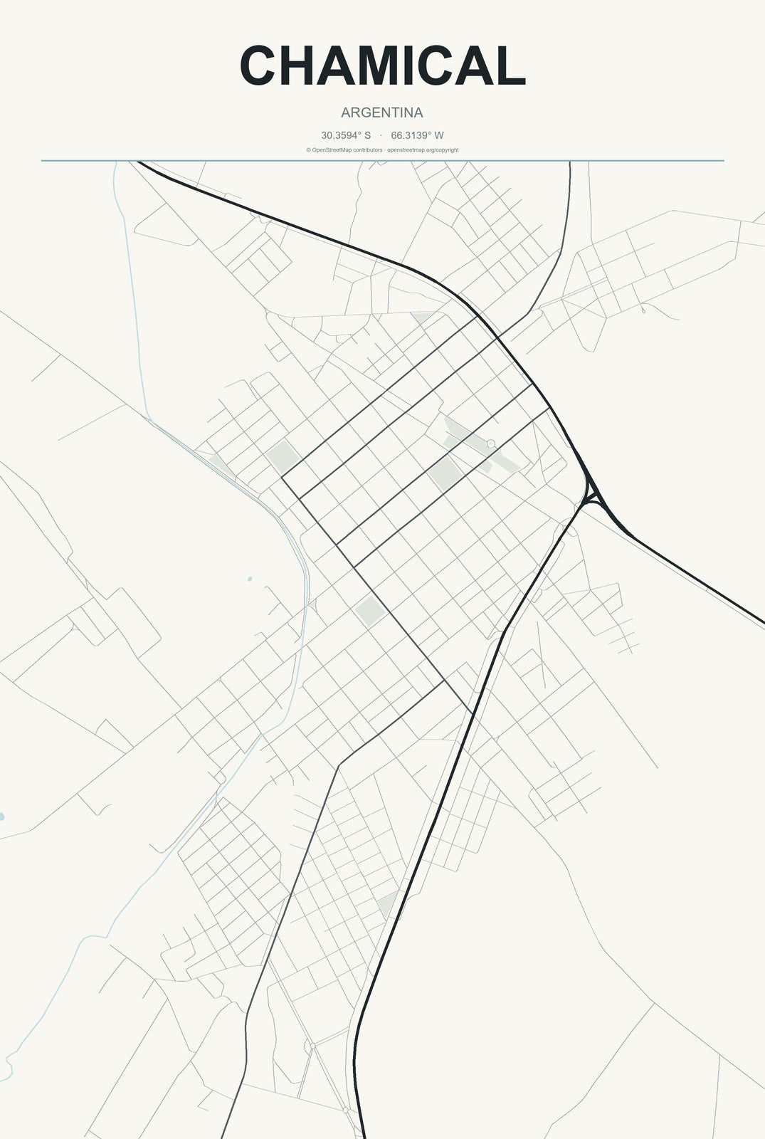 Chamical, Argentina City Map Aluminum Sign in Headline Atlas style