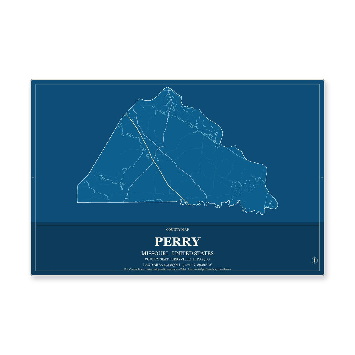 Perry County, Missouri Map Aluminum Sign in Harbor Cobalt style