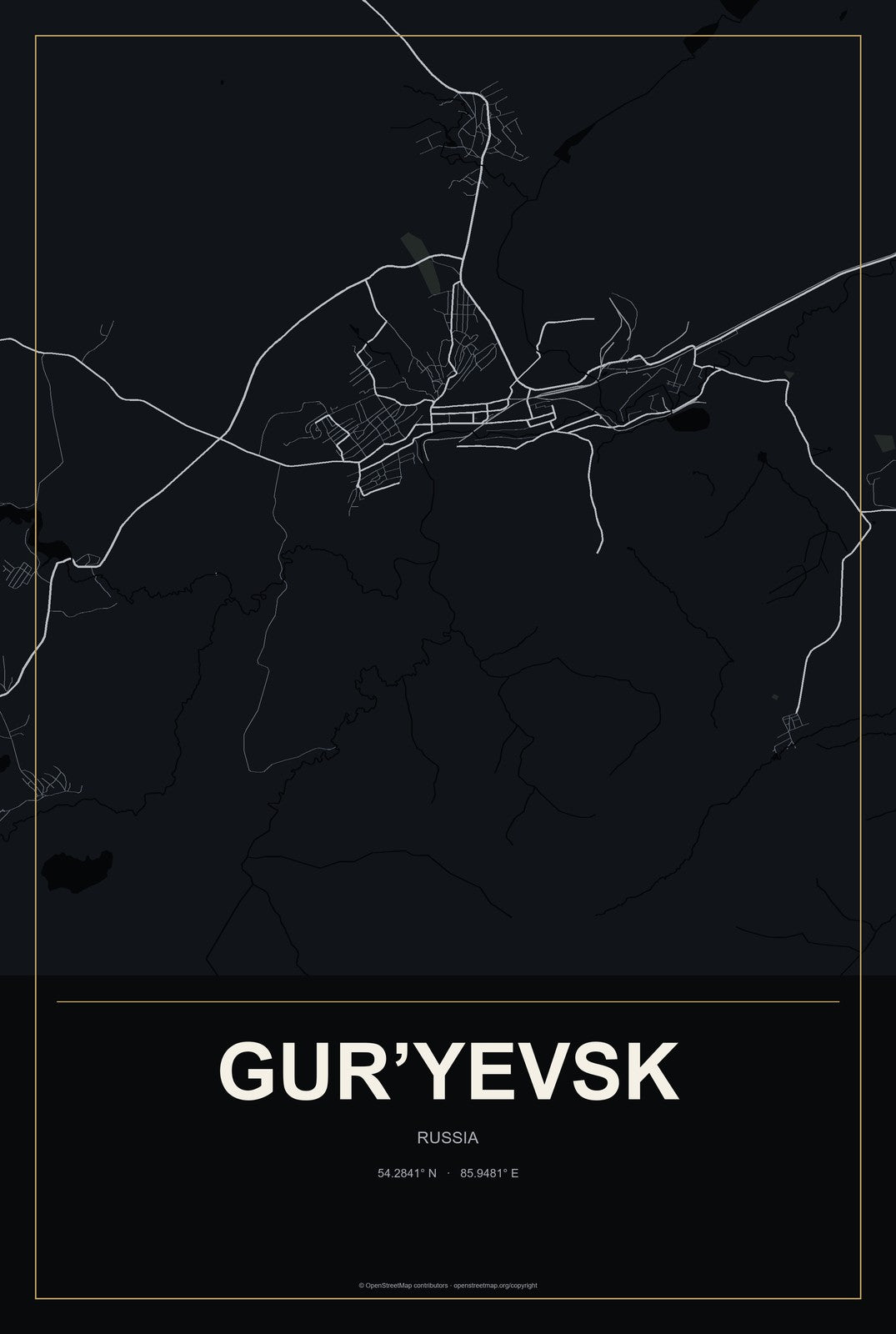Gur’yevsk, Kuzbass, Russia City Map Aluminum Sign in Metropolitan Noir style