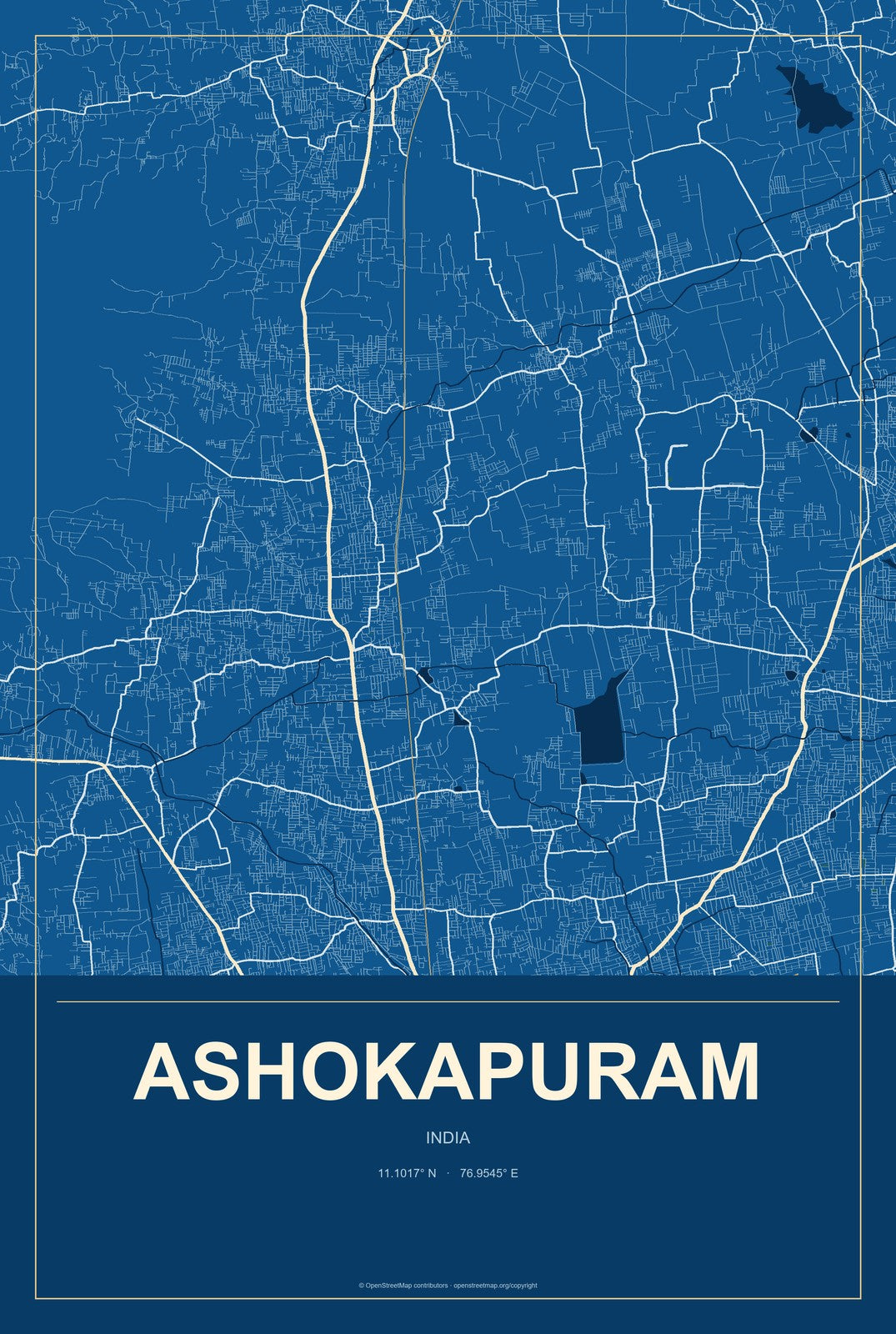 Ashokapuram, India City Map Aluminum Sign in Harbor Cobalt style