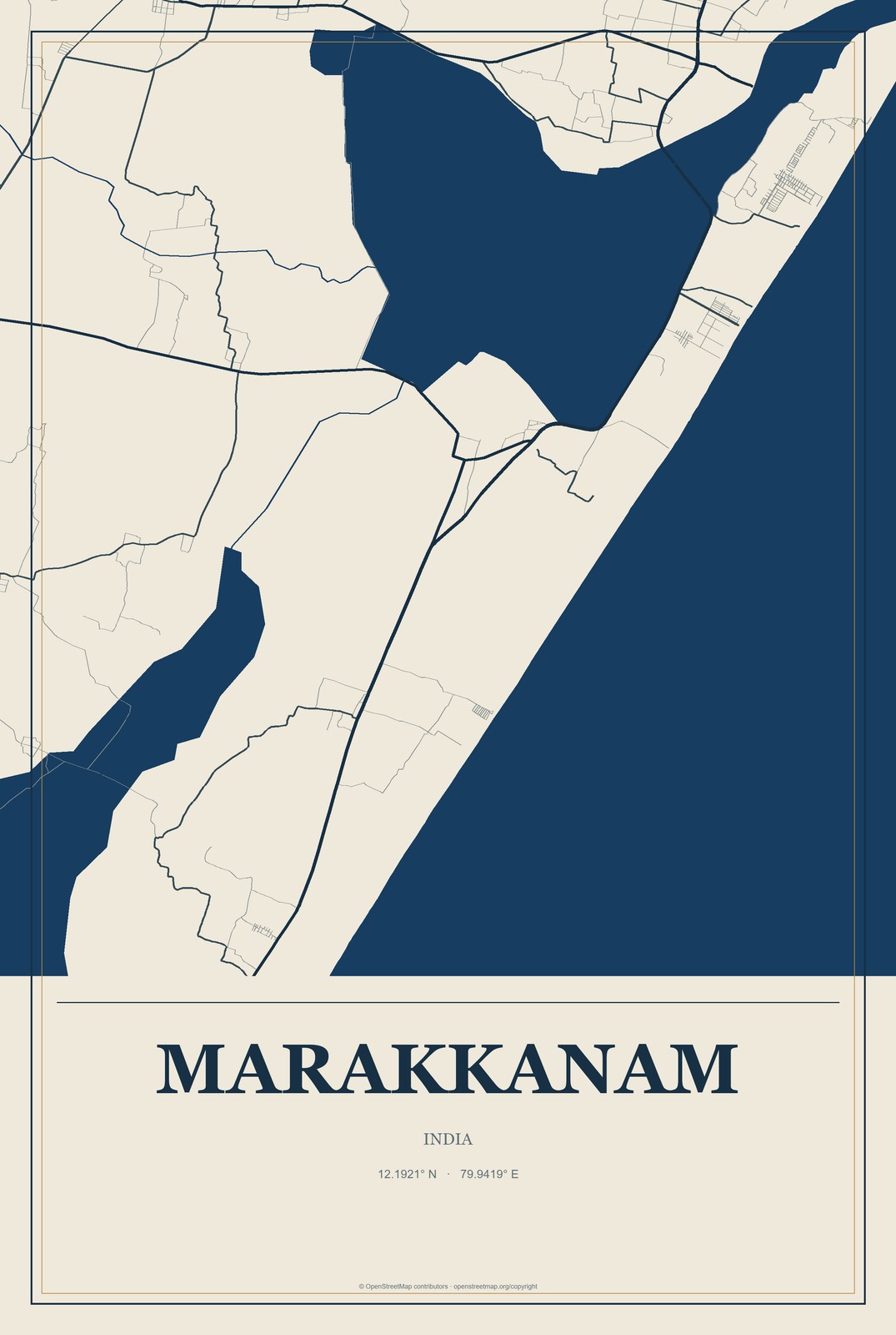 Marakkanam, India City Map Aluminum Sign in Coastal Cutout style
