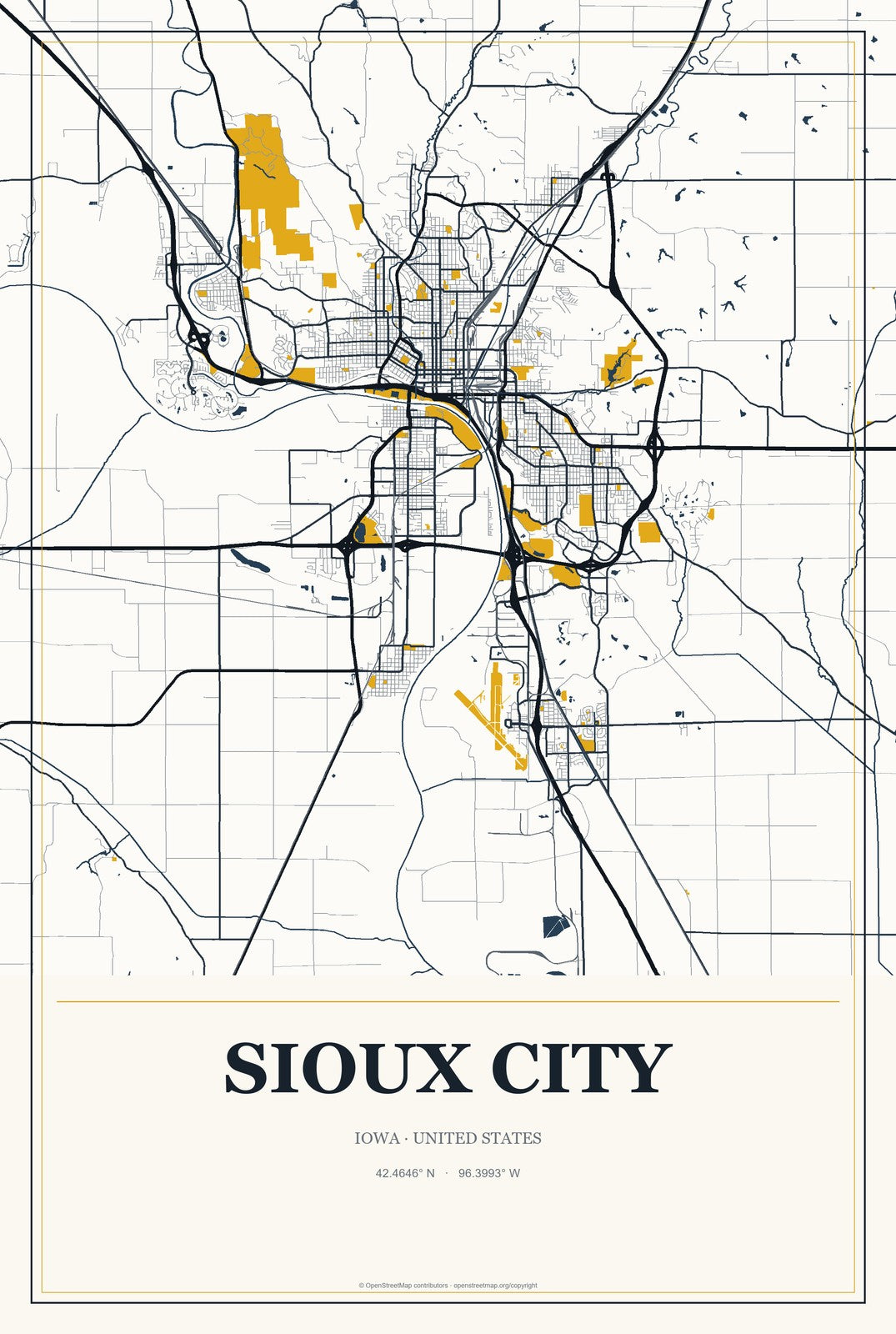 Sioux City, Iowa City Map Aluminum Sign in Citrine Modern style