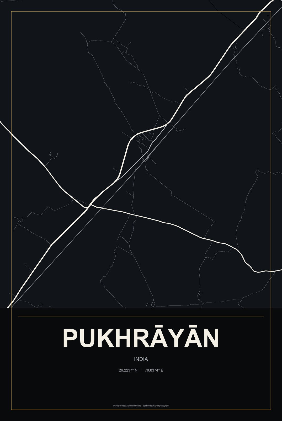 Pukhrāyān, India City Map Aluminum Sign in Metropolitan Noir style