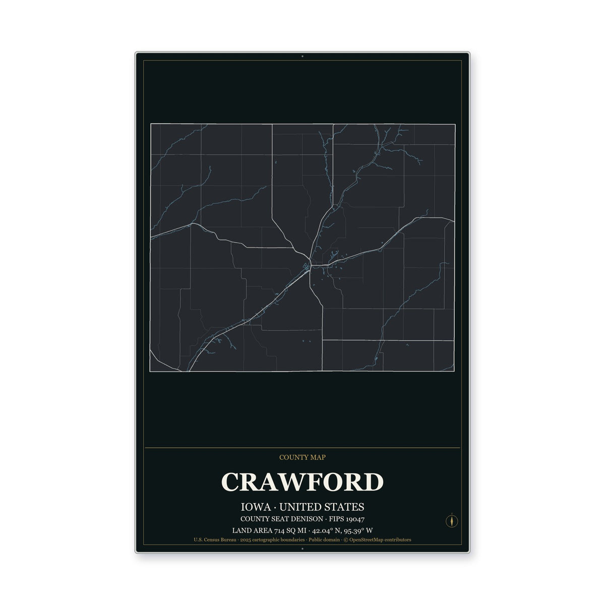 Crawford County, Iowa Map Aluminum Sign in Metropolitan Noir style