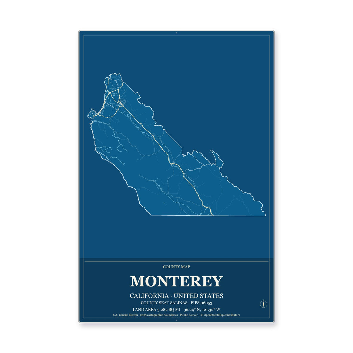 Monterey County, California Map Aluminum Sign in Harbor Cobalt style