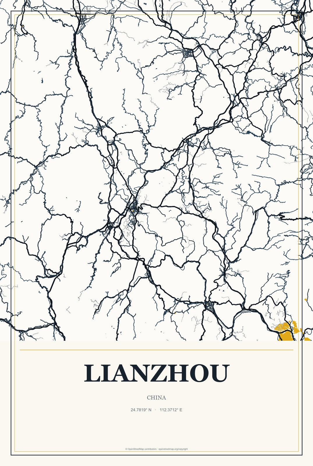 Lianzhou, China City Map Aluminum Sign in Citrine Modern style