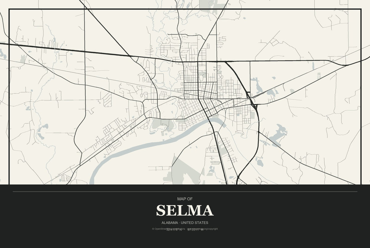 Selma, Alabama City Map Aluminum Sign in Museum Plaque style