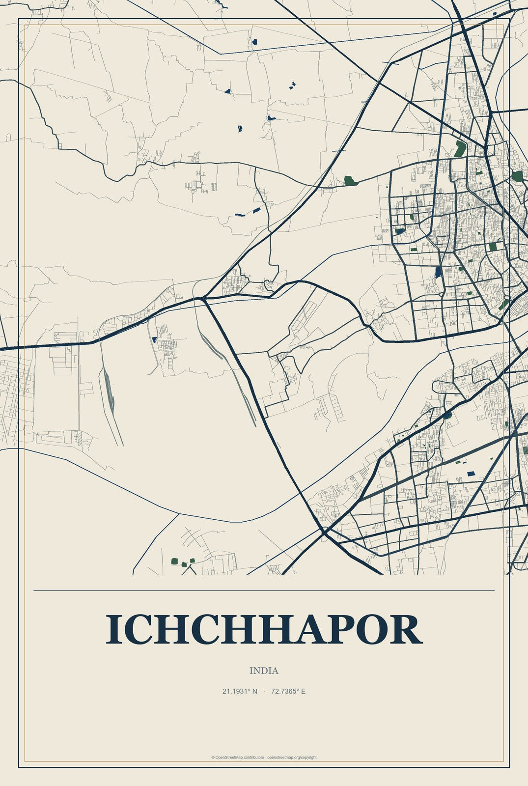 Ichchhapor, India City Map Aluminum Sign in Coastal Cutout style