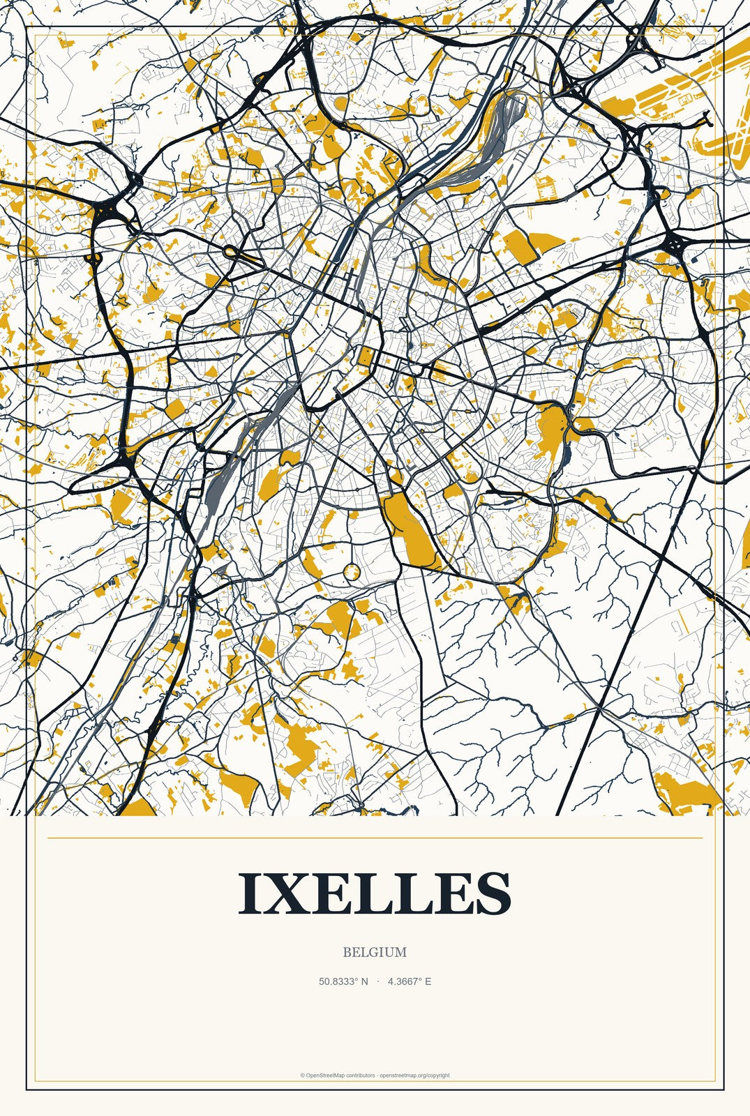 Ixelles, Belgium City Map Aluminum Sign in Citrine Modern style