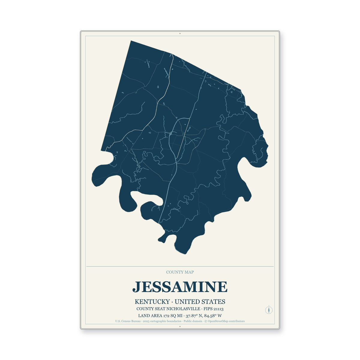 Jessamine County, Kentucky Map Aluminum Sign in Coastal Cutout style