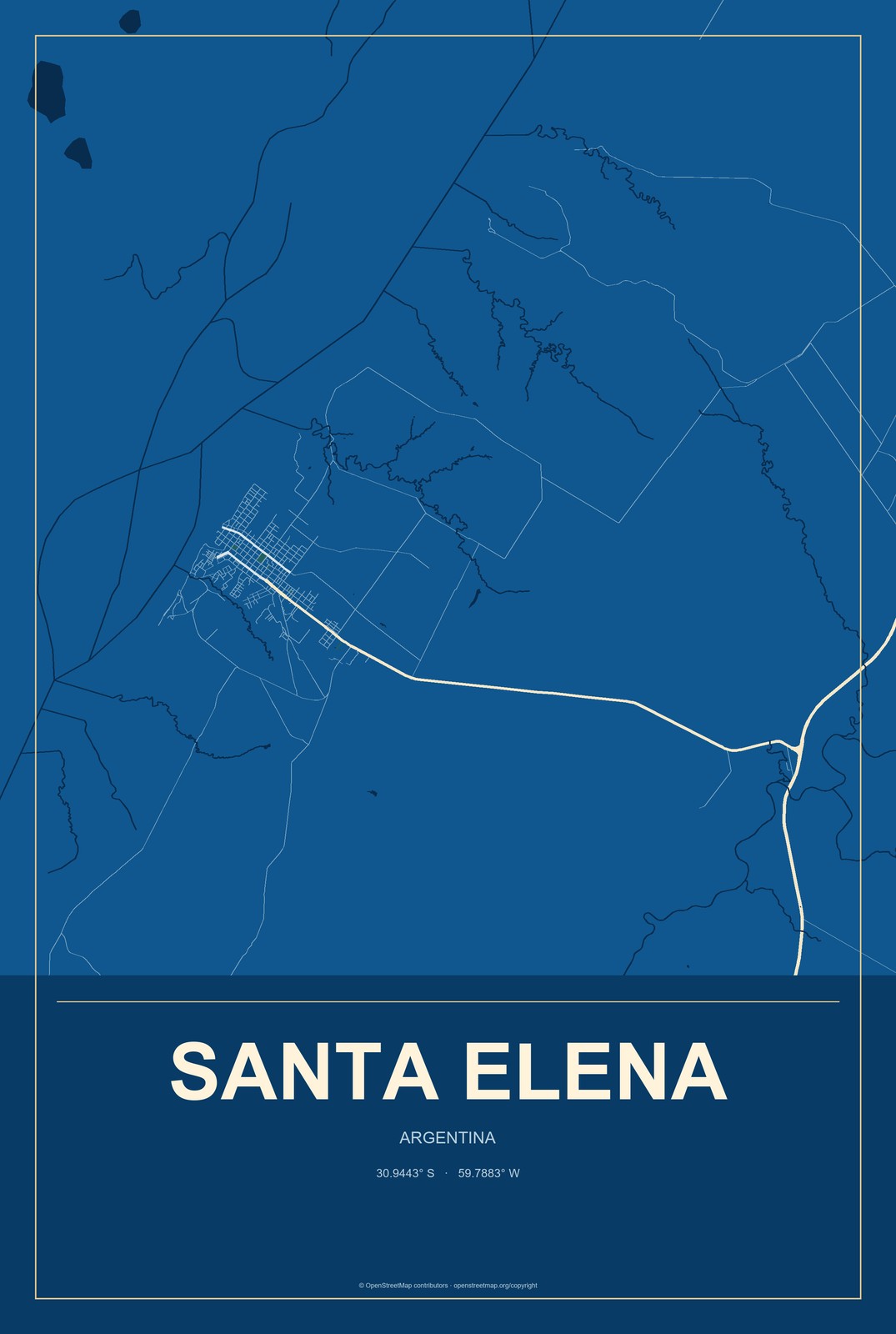 Santa Elena, Argentina City Map Aluminum Sign in Harbor Cobalt style