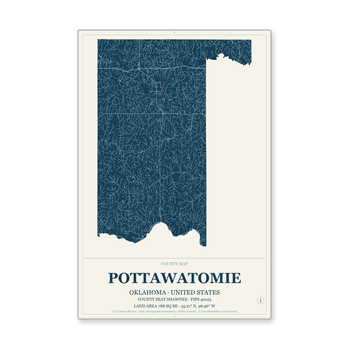 Pottawatomie County, Oklahoma Map Aluminum Sign in Coastal Cutout style