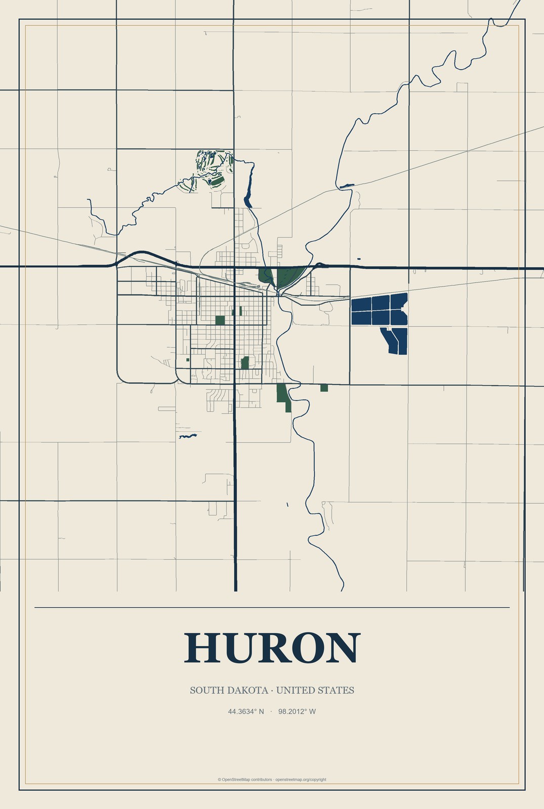 Huron, South Dakota City Map Aluminum Sign in Coastal Cutout style