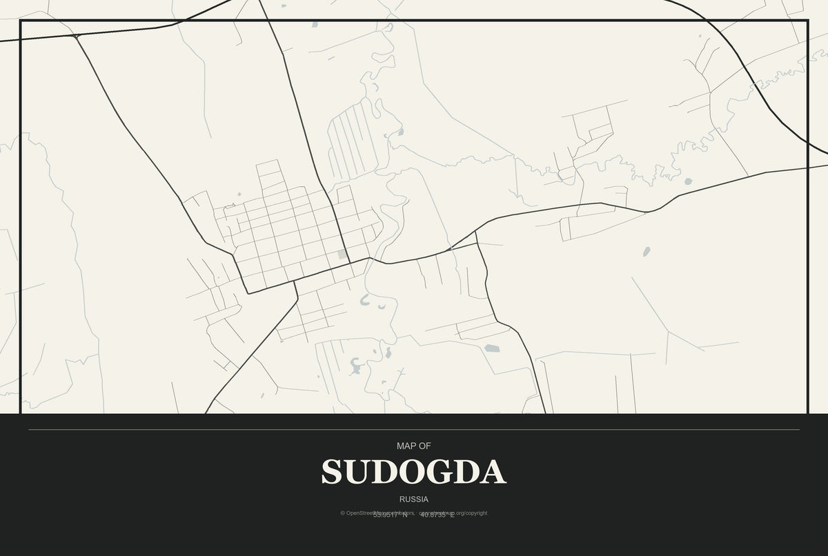 Sudogda, Russia City Map Aluminum Sign in Museum Plaque style