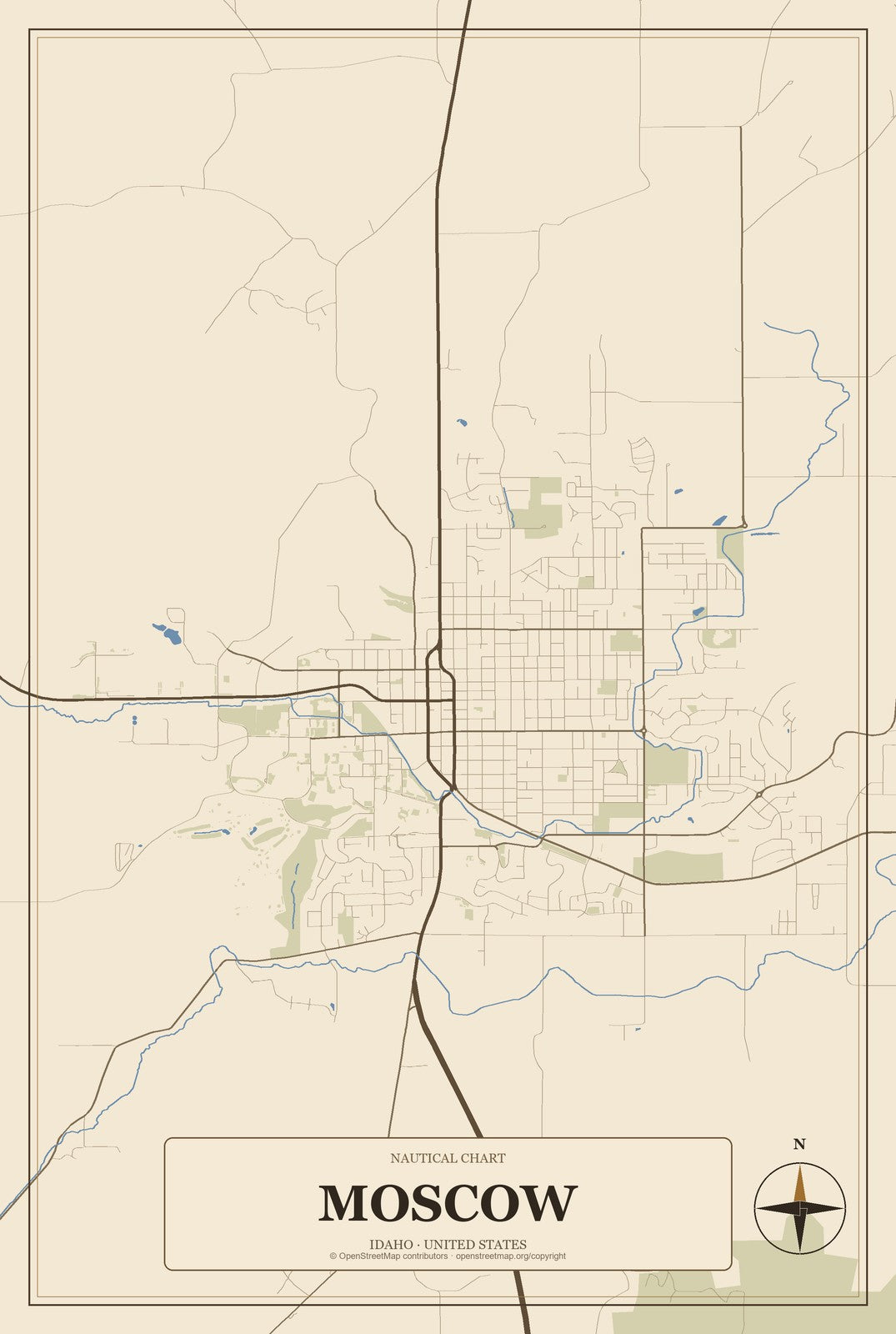 Moscow, Idaho City Map Aluminum Sign in Heritage Nautical style