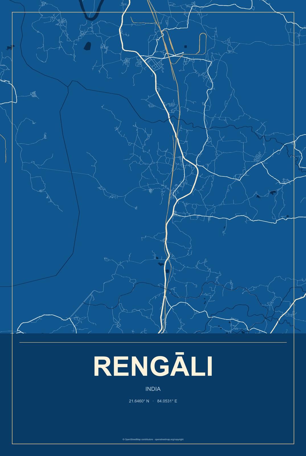 Rengāli, India City Map Aluminum Sign in Harbor Cobalt style