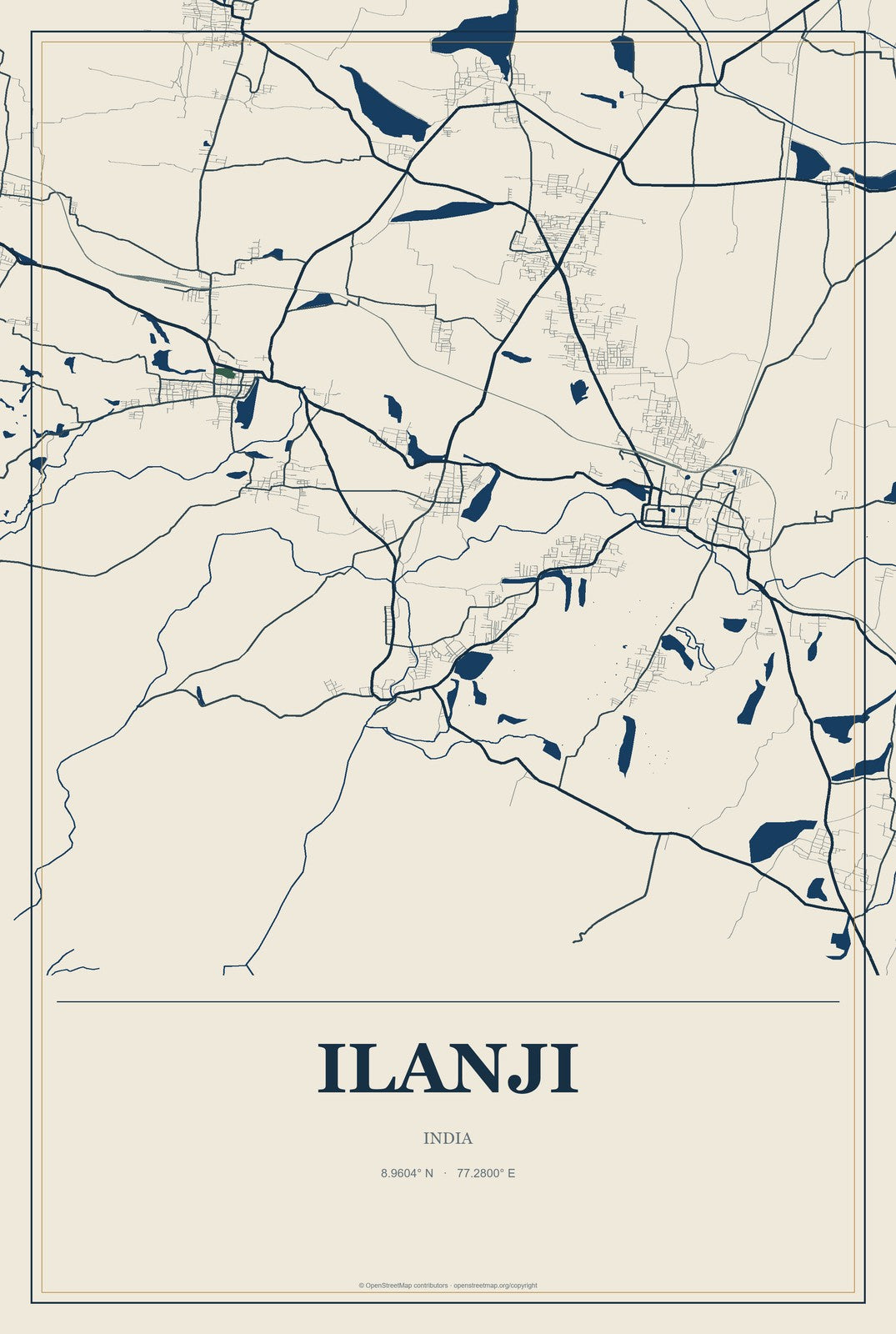 Ilanji, India City Map Aluminum Sign in Coastal Cutout style