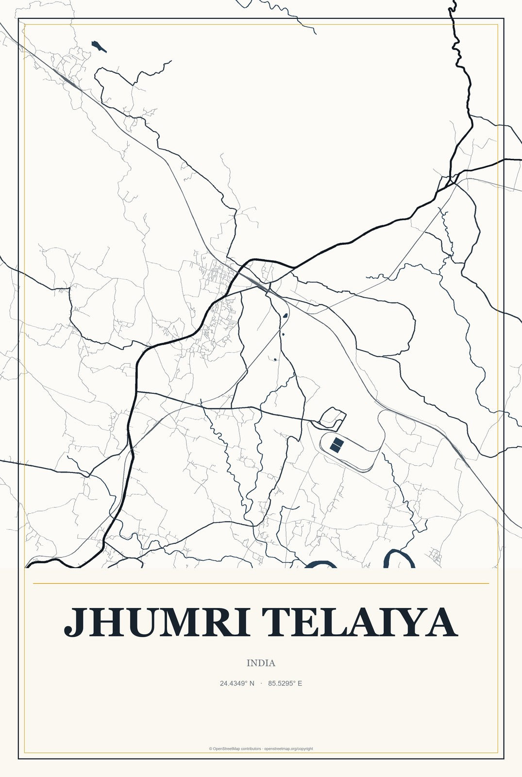 Jhumri Telaiya, India City Map Aluminum Sign in Citrine Modern style