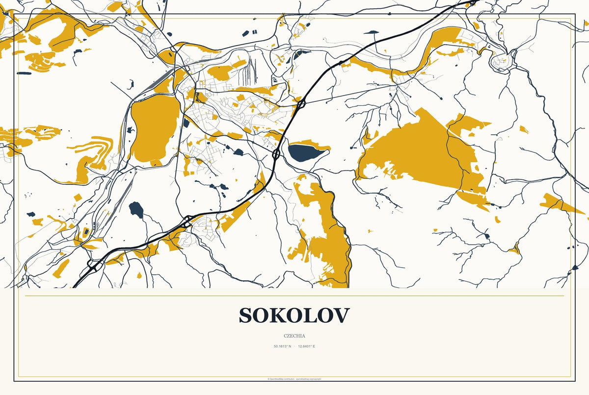 Sokolov, Czechia City Map Aluminum Sign in Citrine Modern style