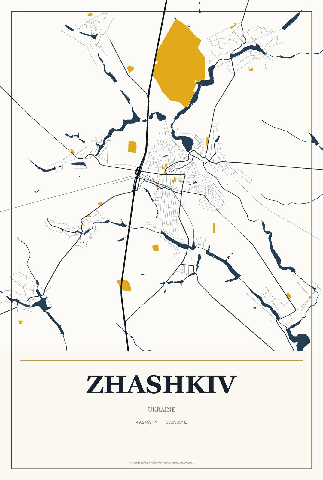 Zhashkiv, Ukraine City Map Aluminum Sign in Citrine Modern style