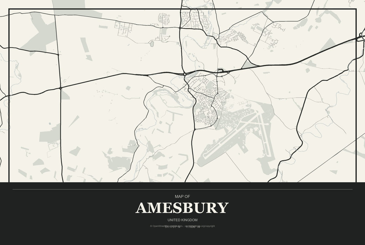 Amesbury, United Kingdom City Map Aluminum Sign in Museum Plaque style