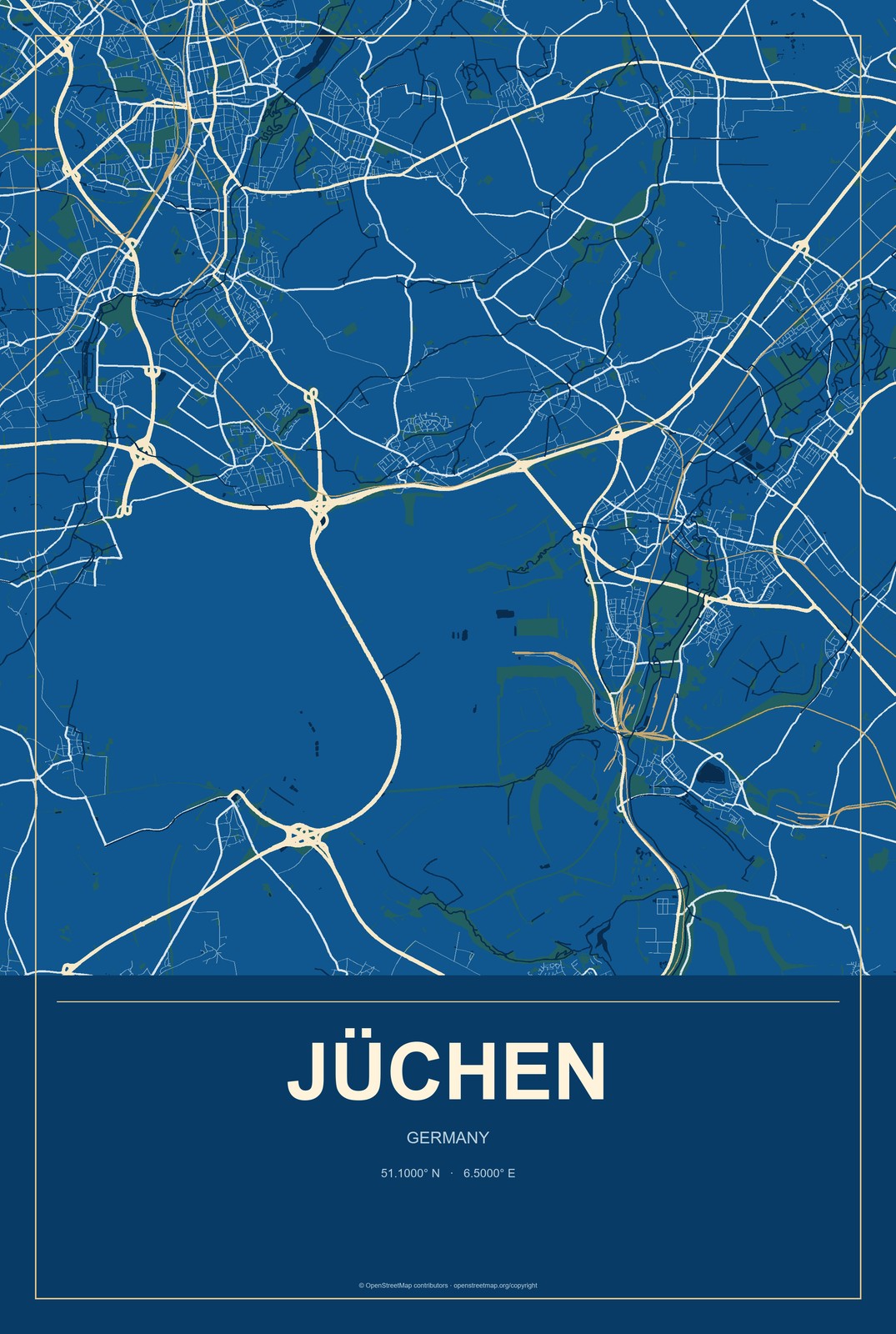 Jüchen, Germany City Map Aluminum Sign in Harbor Cobalt style