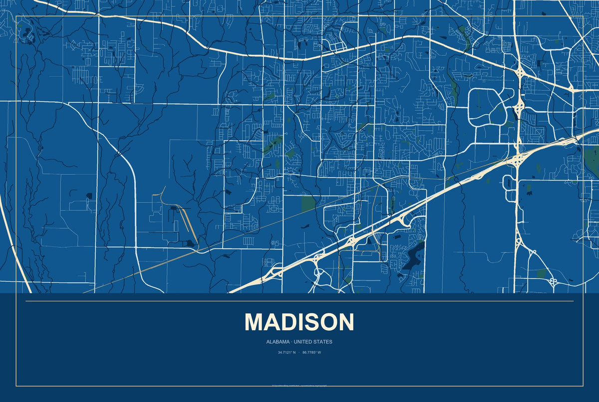 Madison, Alabama City Map Aluminum Sign in Harbor Cobalt style