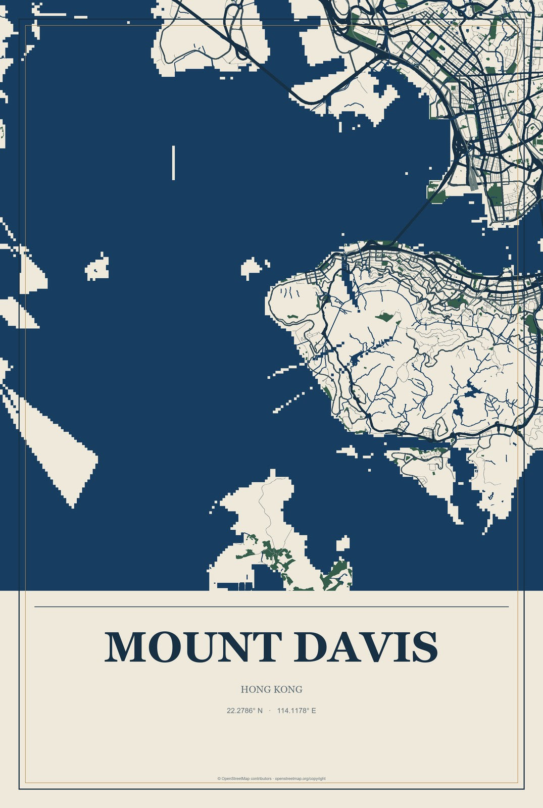 Mount Davis, Hong Kong City Map Aluminum Sign in Coastal Cutout style