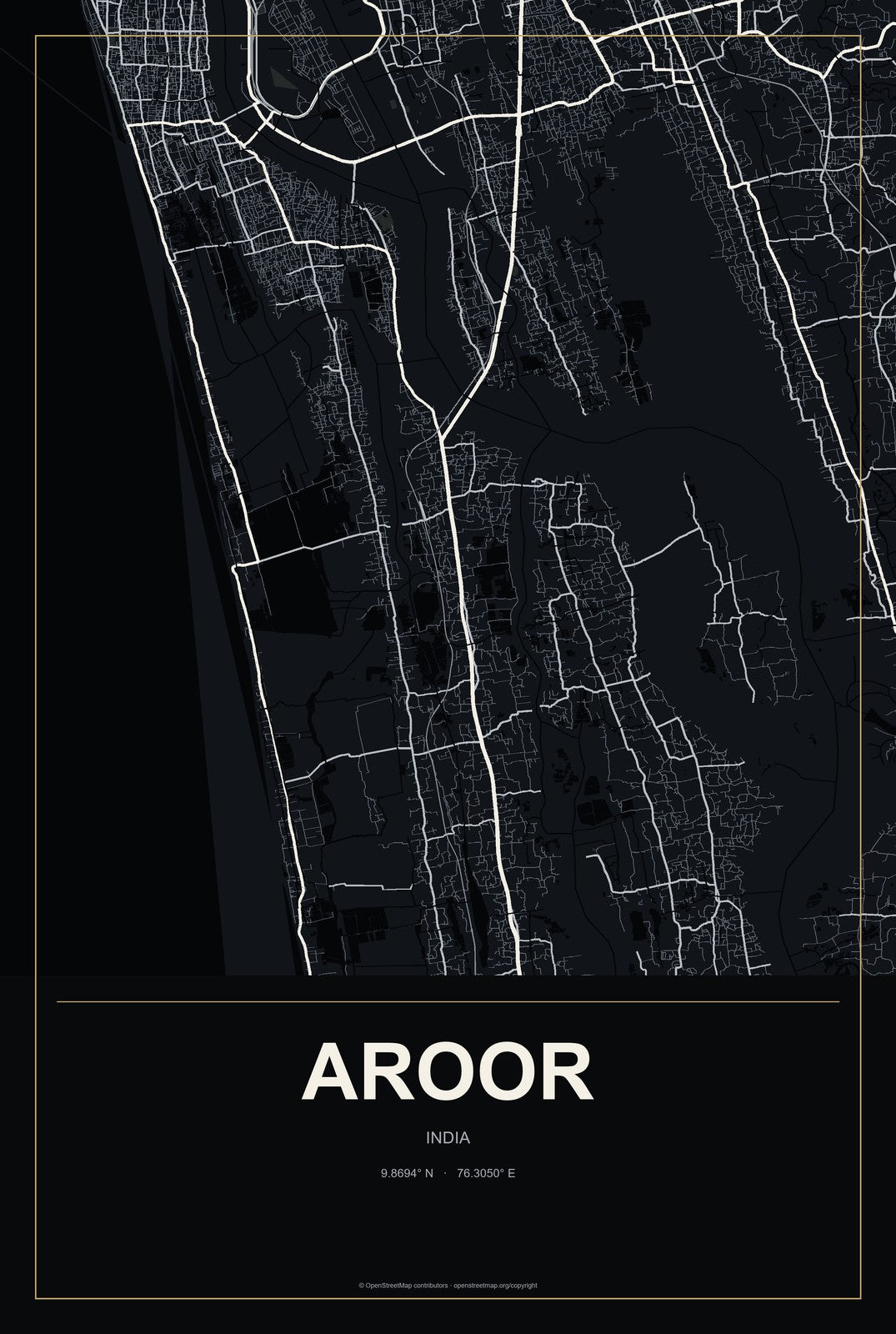Aroor, India City Map Aluminum Sign in Metropolitan Noir style